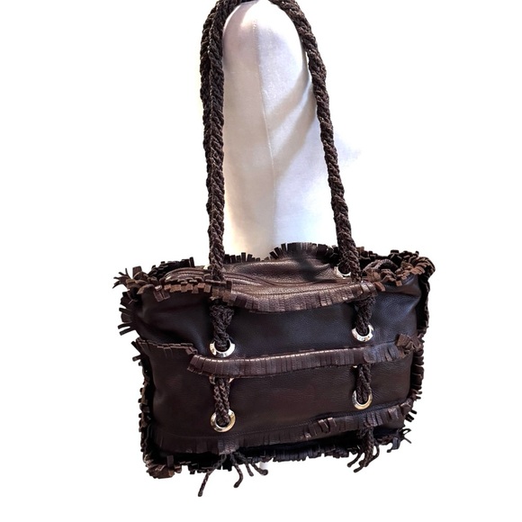 SABRINA SCALA leather boho chic brown fringe tote purse NWOT
